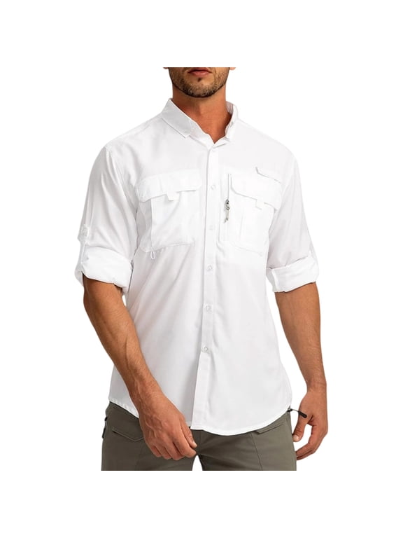 Long Sleeves Fishing Shirts for Men Button Down Collared Shirt with Zipper Pockets Solid Color Dress Summer Travel Work Hiking Fishing Clothing,White L