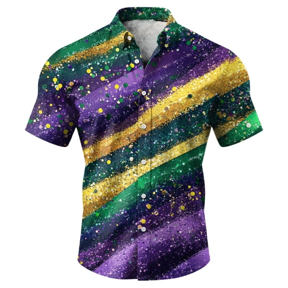 Havenx Mardi Gras Outfit for Men Button Down Carnival Mask Graphic Shirt Short Sleeve Collared Top Regular Fit Carnival Party Vacation Casual Clothes,Dark Purple M