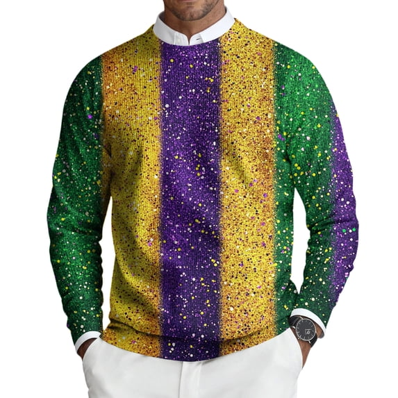 Havenx Mardi Gras Sweatshirts for Men Crewneck Knitted Pullover Long Sleeve Funky Mardi Gras Printed Dress Pullover Sweaters Mask Print Holiday Party Thermal Carnival Casual Dress,Orange M