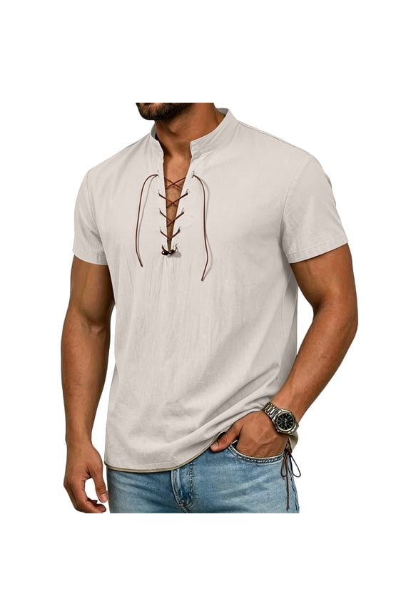 Medieval Pirate Shirt for Men Cotton Linen Short Sleeve Costume Lace Up Stand Collar Shirts Halloween Viking Pirate Cosplay Vintage Top,White S