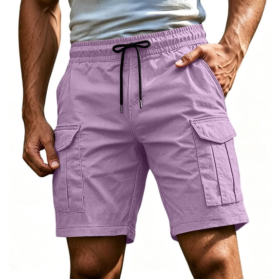 Havenx Men Cargo Shorts Elastic Waist Drawstring Cargo Shorts with Multi Pockets Stretch Knee Length Pants Outdoor Hiking Work Comfort Athletic Classic Clothes,Light Purple 4XL