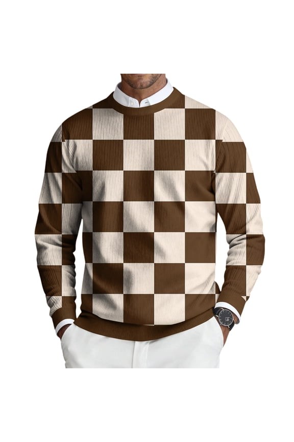 Men Crew Neck Knit Sweaters Plaid Print Long Sleeve Pullover Sweater Ribbed Knit Lightweight Slim Fit Business Casual Dress Pullover Sweaters Crewneck Tops,Brown 4XL