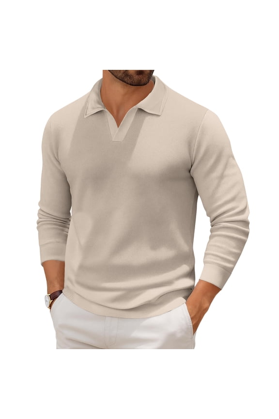 Men Long Sleeve Polo Sweater Henley V Neck Knit Polo Shirts 2025 Lightweight Ribbed Golf Shirts Pullover Fall Sweaters,Khaki 2XL