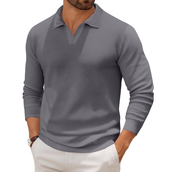 Havenx Men Long Sleeve Polo Sweater Henley V Neck Knit Polo Shirts 2025 Trendy Lightweight Ribbed Pullover Sweater,Gray 3XL