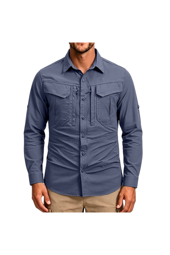 Men Sun Protection Fishing T Shirt Long Sleeve Button Down Shirts with Zipper Pockets Upf 50+ Dress Hiking Fishing Cooling Outdoor Summer Travel Clothes,Blue M