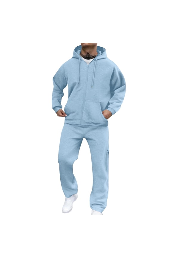 Men Sweatsuits Sets 2 Piece Fleece Zipper Hoodies and Sweatpants Set Long Sleeve Solid Color Sweat Suits Outfit with Pockets Workout Casual Jogging Gym 2025 Fall Suit,Light Blue S