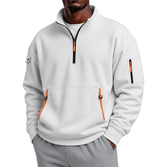 Havenx Men's 1/4 Zip Pullover Sweatshirt Long Sleeve Stand Collar Pullover with Zip Pockets Solid Color Sweatshirts Lightweight 2026 Fall Winter Casual Soft Sweater Tops,White 3XL