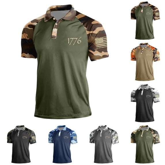 Havenx Men's 1776-2026 Camo Raglan Polo Shirt American Flag Print Camo Polo Short Sleeve Button T-Shirts Lapel Patriotic 4th Of July Fashion Causal Vintage Clothes,Blue 4XL