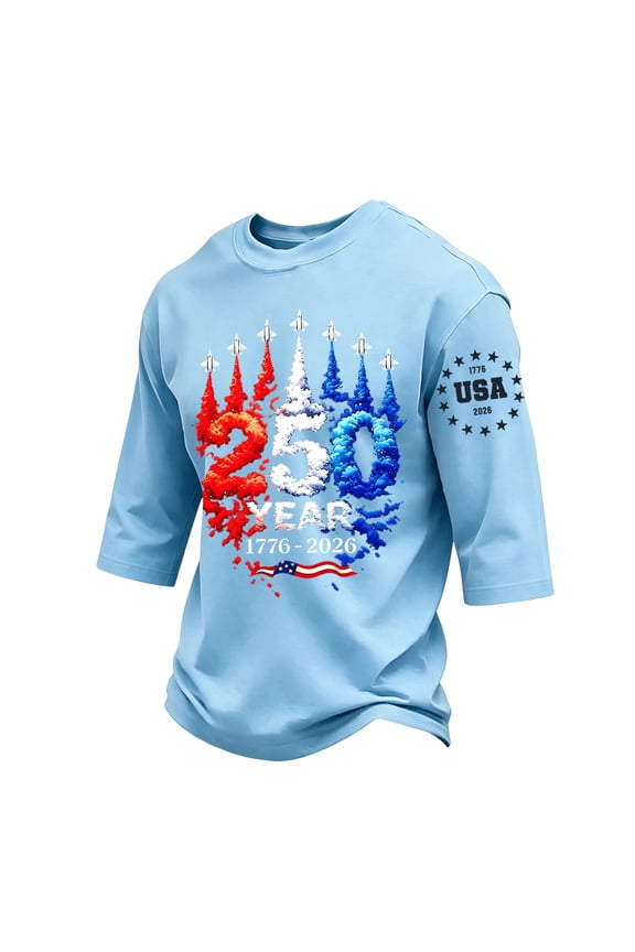 Men's 1776 We the People American Flag Shirt Crew Neck Three-quarter Sleeve Shirts American Flag Design Fun Graphic T-Shirts Classic Patriotic Summer Workout Freedom Tees,Light Blue 2XL