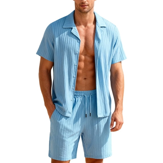 Havenx Men's 2 Piece Outfit Button Down Short Sleeve Drawstring Shirt and Shorts Set Lapel Collar Textured Set Summer Beach Vacation Comfortable Athletic Outfits Tracksuit,Light Blue 3XL