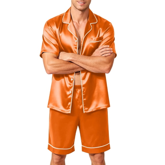 Havenx Men's 2 Piece Pajama Shorts Set Silk Satin Short Sleeve Button Up Top and Elastic Waist Drawstring Shorts with Pockets Set Lightweight Soft Summer Vacation Lounge Sleepwear,Saffron L