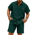 thumbnail image 1 of Havenx Men's 2 Piece Short Sets Short Sleeve Waffle Knit Short Sets Button-Down Textured Lapel Collar Outfit with Pocket Comfy Relaxed Fit Summer Vacation Tracksuits,Dark Green 2XL, 1 of 5