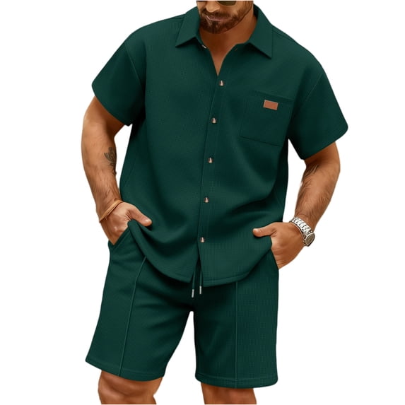 Havenx Men's 2 Piece Short Sets Short Sleeve Waffle Knit Short Sets Button-Down Textured Lapel Collar Outfit with Pocket Comfy Relaxed Fit Summer Vacation Tracksuits,Dark Green 2XL