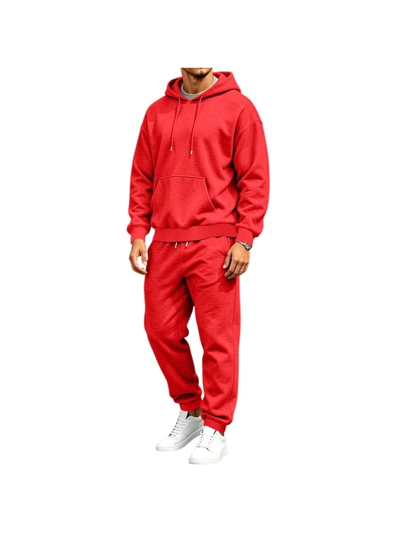 Men's 2 Piece Sweat Sets Long Sleeve Drawstring Hooded Sweatshirt and Joggers Set with Pockets Solid Color Sweat Suits Outfit Gym Training Soft Breathable Casual Winter Suits,Red XL