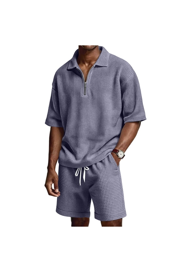Men's 2 Piece Waffle Knit Outfit Short Sleeve 1/4 Zip Outfits with Pockets Textured Drawstring Suits Loose Athletic Summer Travel Lounge Joggers Tracksuit,Purple 2XL