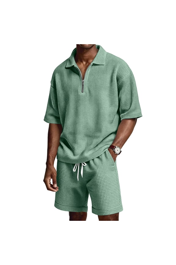 Men's 2 Piece Waffle Knit Outfit Short Sleeve 1/4 Zip Outfits with Pockets Textured Drawstring Track Suits Athletic Summer Vacation Beach Travel Sweatsuit Outfits,Light Green 2XL