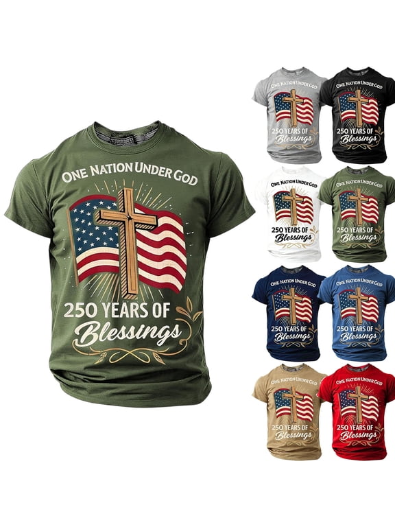 Men's 250 Years Of American Independence T-Shirt Cross and American Flag Crew Neck Shirt Short Sleeve Fun Graphic T-Shirts One Nation Under God Faith and Freedom Tee Tops,Navy L