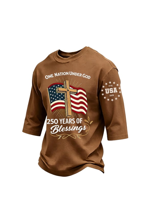 Men's 250th Anniversary Usa Shirt Crewneck Three-quarter Sleeve Shirt American Flag Design Graphic Tshirts Patriotic Vintage Big and Tall Classic Tees,Brown 3XL