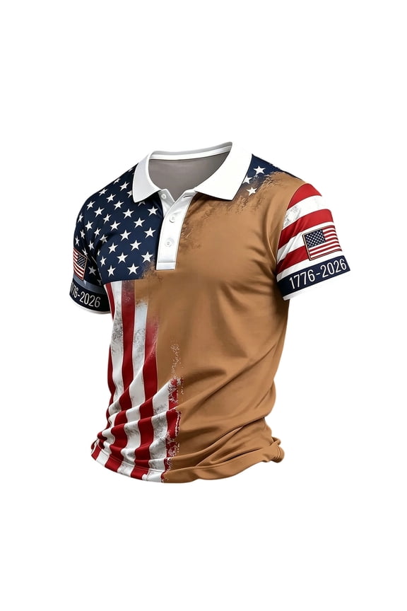 Men's 250th Years Of American Freedom Polo Shirts Short Sleeve Collared Shirt American Flag Design Button Polo Tshirt Freedom We the People Classic Summer Top,Brown 2XL