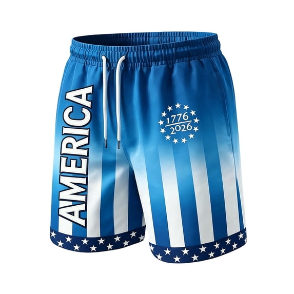 Havenx Men's 250th Years Of American Freedom Shorts Drawstring American Flag Design Short with Pockets Elastic Waist Short Pant 1776–2026 Patriotic Independence Day Wear,Sky Blue L