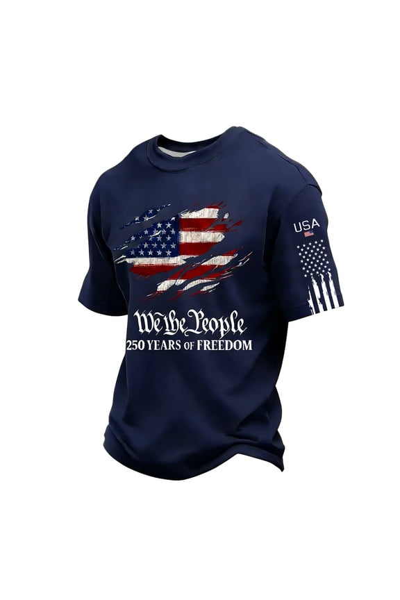 Men's 4th Of July Shirts Short Sleeve Crew Neck Shirt American Flag Design Tshirts Casual 250 Years Of Freedom Cross Patriotic Tee,Navy 2XL