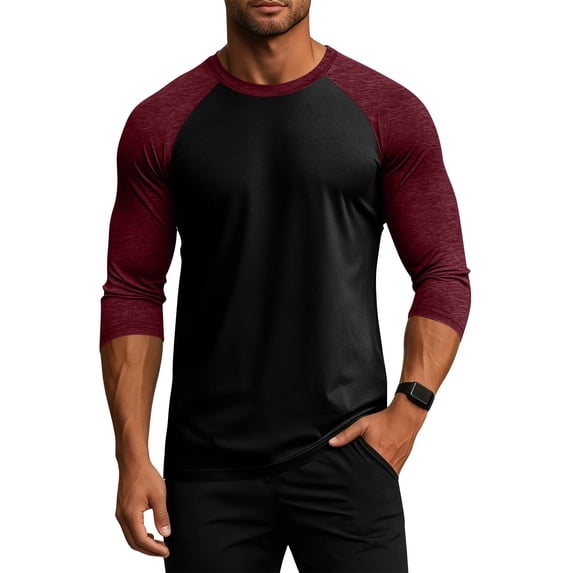 Havenx Men's Baseball Shirt Raglan 3/4 Long Sleeve Crewneck Shirt Color Block Moisture Wicking T-Shirt Lightweight Athletic Vintage Gym Workout Tops,Deep Red S