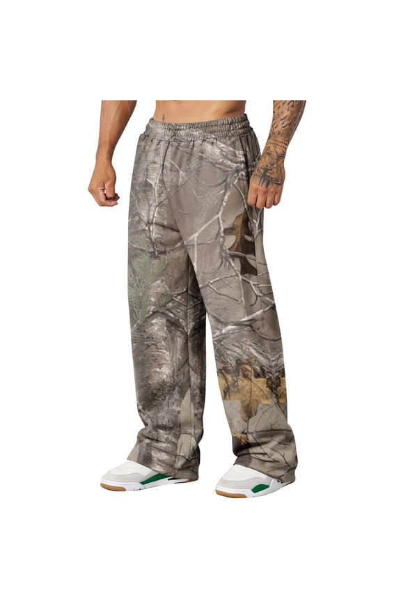 Men’s Camo Baggy Sweatpants Graphic Camo Sweatpants Straight Wide Leg Elastic Waist Trousers with Pockets Casual Fashion Y2k Loose Fit Joggers Open Bottom Clothing,Green S