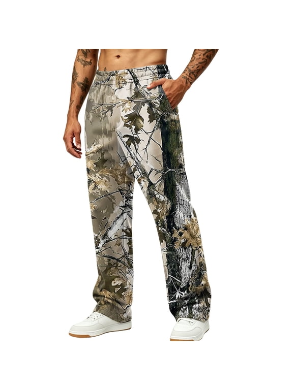 Men's Camo Baggy Sweatpants Wide Leg Dry Leaf Print Elastic Waist Sweatpants with Pockets Open Bottom Camouflage Trousers Loose Fit Y2k Workout Athletic Soft Clothes,Brown 3XL