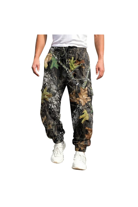Men's Camo Cargo Sweatpants Maple Leaf Print Drawstring Waist Tapered Cargo Pants with Flap Pockets Wide Leg Trousers Hunting Casual Fashion Loose Fit Y2k Outfits,Black L