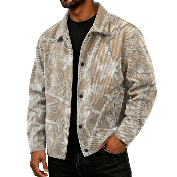Havenx Men's Camo Corduroy Jacket Long Sleeve Button Down Shirt Jacket with Pockets Lapel Collar Camouflage Print Shacket Jacket Loose Fit Fall Winter Vintage Casual Clothes,Khaki 3XL