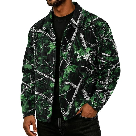 Havenx Men's Camo Corduroy Jacket Long Sleeve Button Down Shirts with Pockets Lapel Collar Camouflage Print Coats Vintage Casual Western Fall Winter Clothes,Green M