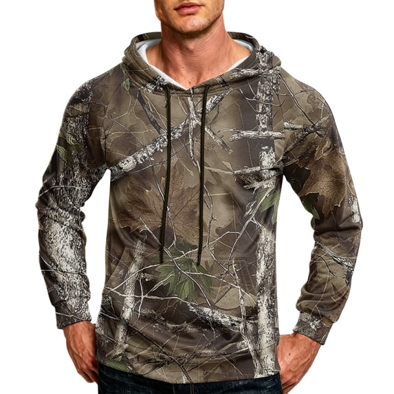Havenx Men's Camo Hoodies Long Sleeve Maple Leaf Print Hoodies with Pockets Drawstring Hooded Sweatshirts Fishing Hunting Camping Athletic Workout Fall Winter Clothes,Coffee M