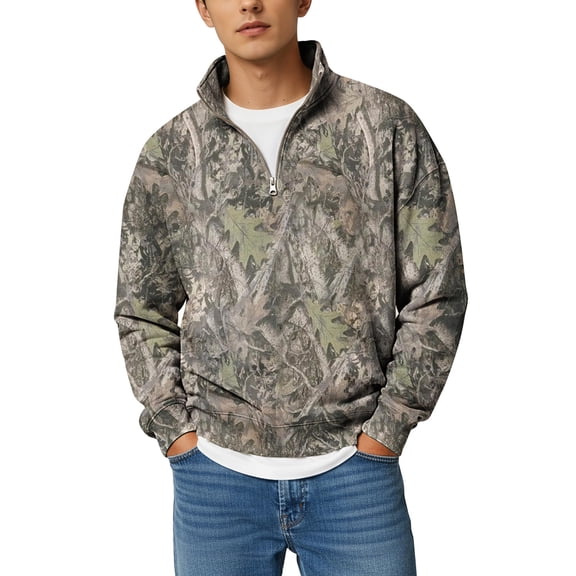 Havenx Men's Camo Quarter Zip Sweatshirts Long Sleeve Maple Leaf Print Sweater Mock Neck Quarter Zip Pullover Workout Athletic Soft Lounge Fashion Clothes,Camouflage Green M