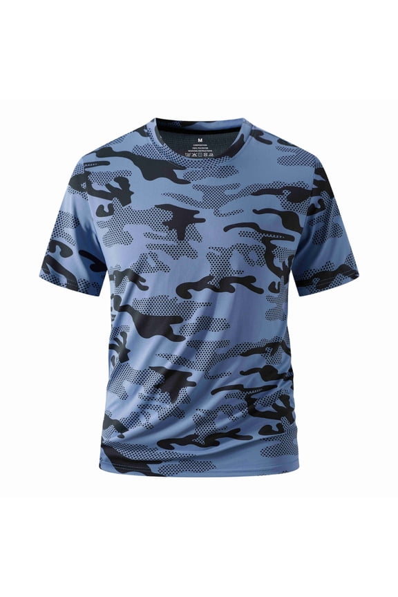 Men's Camo T-Shirt Short Sleeve Crewneck Shirt Rapid Dry Moisture-Wicking Tee Shirt Athletic Performance Cooling Fishing Lightweight Tees,Blue XL