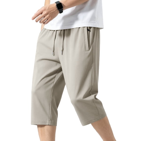 Havenx Men's Capri Pants Below the Knee Elastic Waist Drawstring Capris Pants with Zipper Pockets Quick Dry Trousers Lightweight Travel Casual Gym Workout Clothing,Beige L