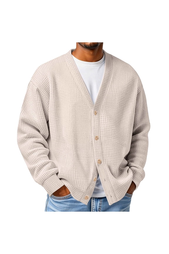 Men's Cardigan Sweater Waffle Knit Button Down Sweater V Neck Long Sleeve Textured Cardigans Loose Relaxed Fit Lightweight Shirts,Beige 2XL