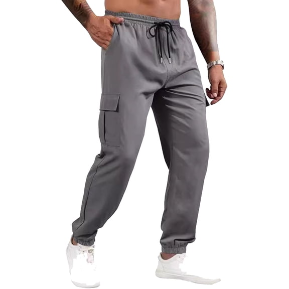 Havenx Men's Cargo Pants Drawstring Elastic Waist Sweatpant Pockets Stretch Tapered Leg Trouser Stylish Skinny Fit Lightweight Sports Clothing,Gray M