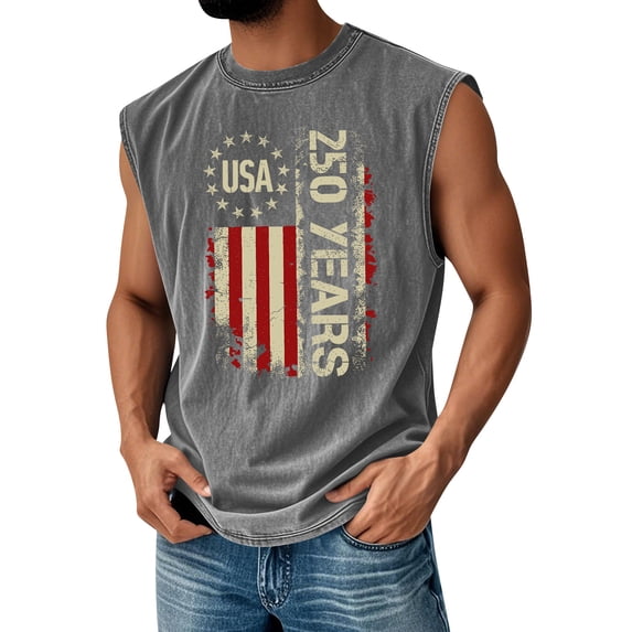 Havenx Men's Casual American 250th Anniversary Vest American Flag Design Sleeveless Shirts Crew Neck Distressed Tanks 1776–2026 Patriotic Independence Day Tee,Dark Gray L