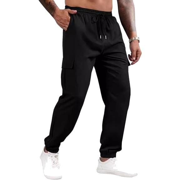 Havenx Men's Casual Cargo Pants Drawstring Elastic Waist Pant with Multi Pockets Stretch Tapered Leg Joggers Active Workout Casual Lightweight Clothes,Black M