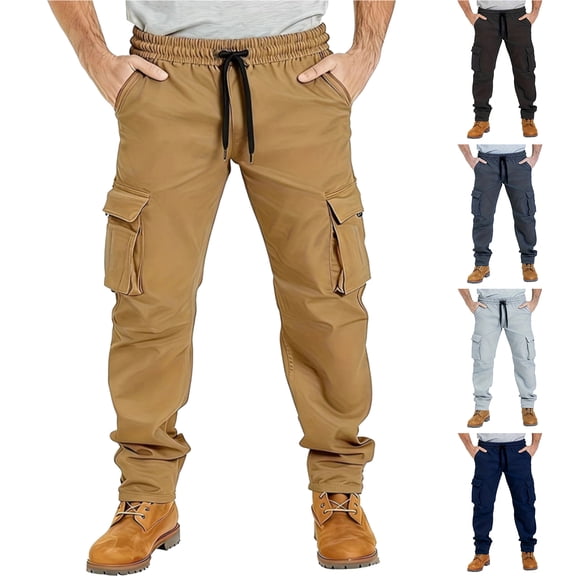 Havenx Men's Casual Cargo Pants Elastic Waist Drawstring Pant Pockets Straight Leg Long Joggers Stretch Stylish Skinny Fit Lightweight Sports Clothing,Khaki XL
