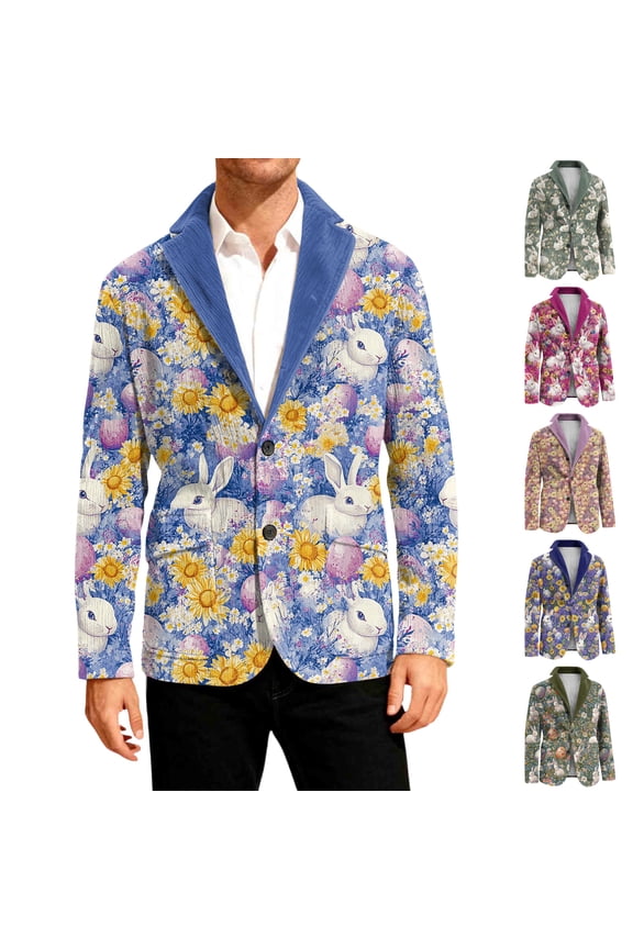 Men's Corduroy Easter Jackets Bunny Print Buttons Jacket with Side Pocket Lapel Collar Long Sleeve Jacket Suits Open Front Funny Graphic Formal Party Dinner Easter Clothing,Gray M