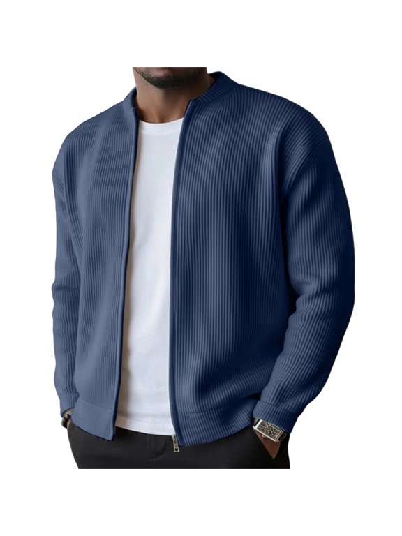 Men's Corduroy Jacket Ribbed Knit Full Zip Up Long Sleeve Jacket Mock Neck Solid Color Coat Casual Lightweight Vintage Warm Clothes,Navy XL