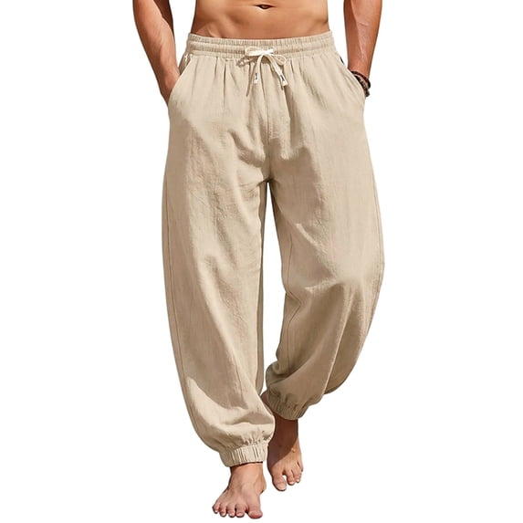 Havenx Men's Cotton Linen Pants Elastic Waist Drawstring Lantern Pants with Pockets Straight Leg Trousers Loose Fit Summer Beach Vacation Daily Jogger Pants,Khaki S
