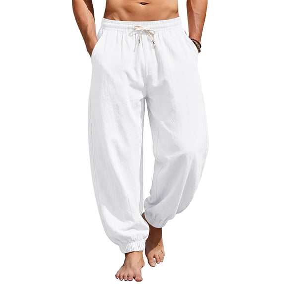 Havenx Men's Cotton Linen Pants Elastic Waist Drawstring Pant with Pockets Straight Leg Trouser Loose Fit Summer Beach Vacation Daily Clothes,White L
