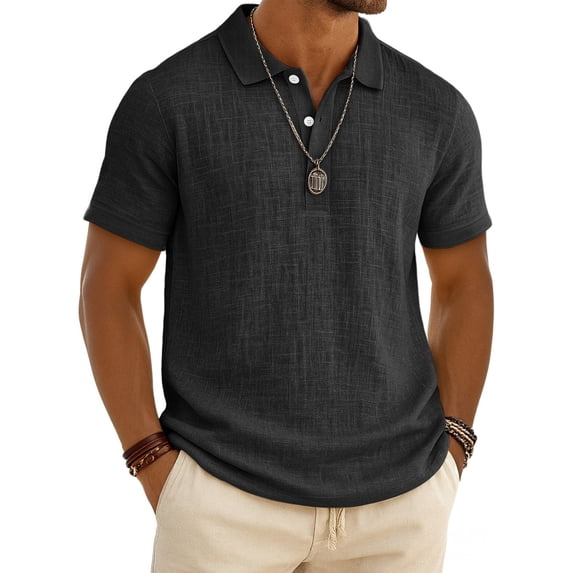 Havenx Men's Cotton Linen Polo Shirts Short Sleeve Button Down Polo Collared Polos Refreshing Silky Soft Lightweight Summer Clothing,Black 4XL