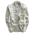 thumbnail image 1 of Havenx Men's Cotton Linen Shirts Long Sleeve Button Down Shirts Stand Collar Solid Color Tops Summer Vacation Japan Style Lightweight Clothes,White XL, 1 of 5