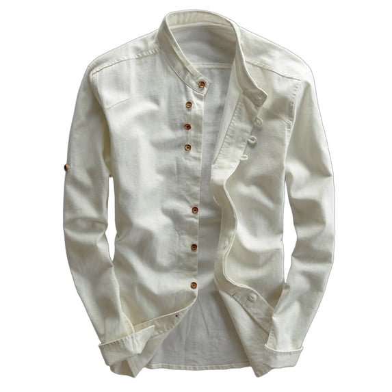 Havenx Men's Cotton Linen Shirts Long Sleeve Button Down Shirts Stand Collar Solid Color Tops Summer Vacation Japan Style Lightweight Clothes,White XL