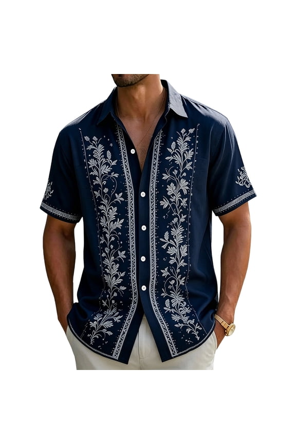 Men's Dress Shirt Short Sleeve Floral Print Shirts Button Up Collared Top Vacation Casual Stylish Summer Beach Clothes,Navy 3XL