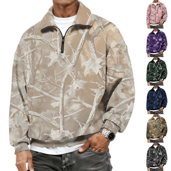 Havenx Men's Flannel 1/4 Zip Pullover Sweatshirt Long Sleeve Collared Pullover Sweater Mock Neck Camouflage Print Sweatshirt Soft 2026 Fall Winter Outdoor Active Casual Sweater Tops,Purple L