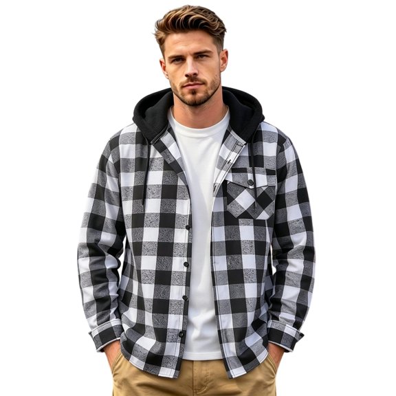 Havenx Men's Flannel Plaid Hoodie Shirts Long Sleeve Button Down Hooded Jacket Shirts with Chest Pocket Drawstring Hoodies Casual Stylish Fall Winter Lightweight Outfits